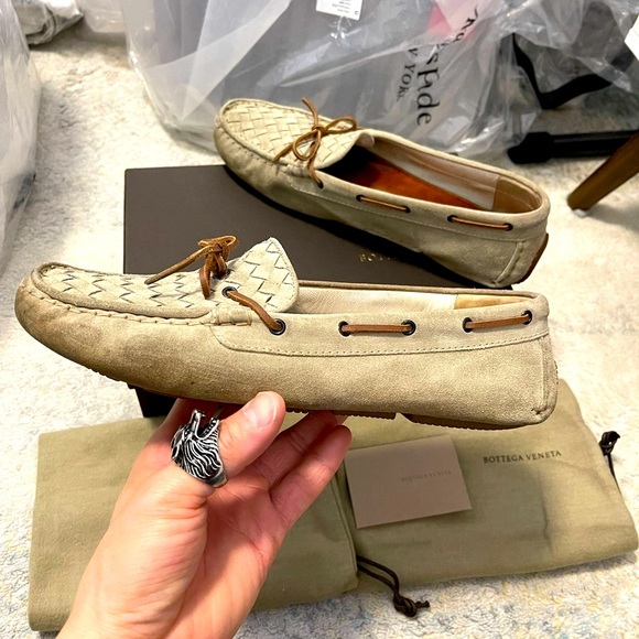 EUC Men’s Size 8 Bottega Veneta Suede Intrecciato Loafers/Driver Shoes In Beige - Picture 3 of 13